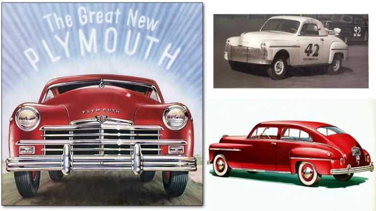 A visual collage showing a classic advertisement for the front grille of a red 1949 Plymouth, a historical black and white photo of Lee Petty driving his white number 42 Plymouth stock car, and a detailed illustration of a red 1949 Plymouth 2-door slantback sedan.