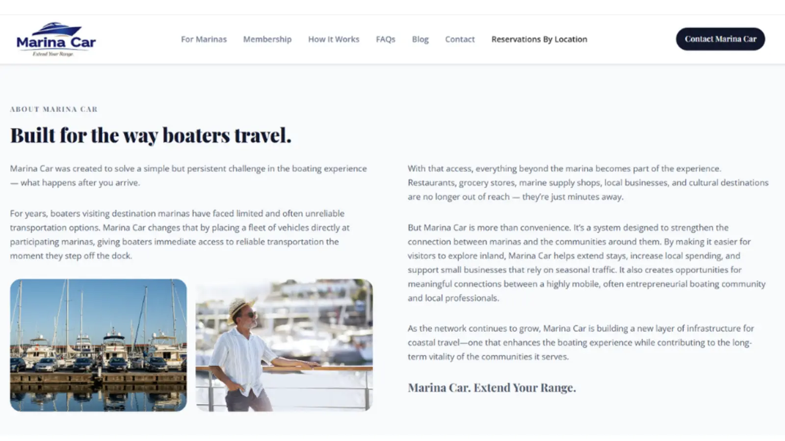 Screenshot of the Marina Car website with the heading Built for the way boaters travel and photos of sailboats and marinas