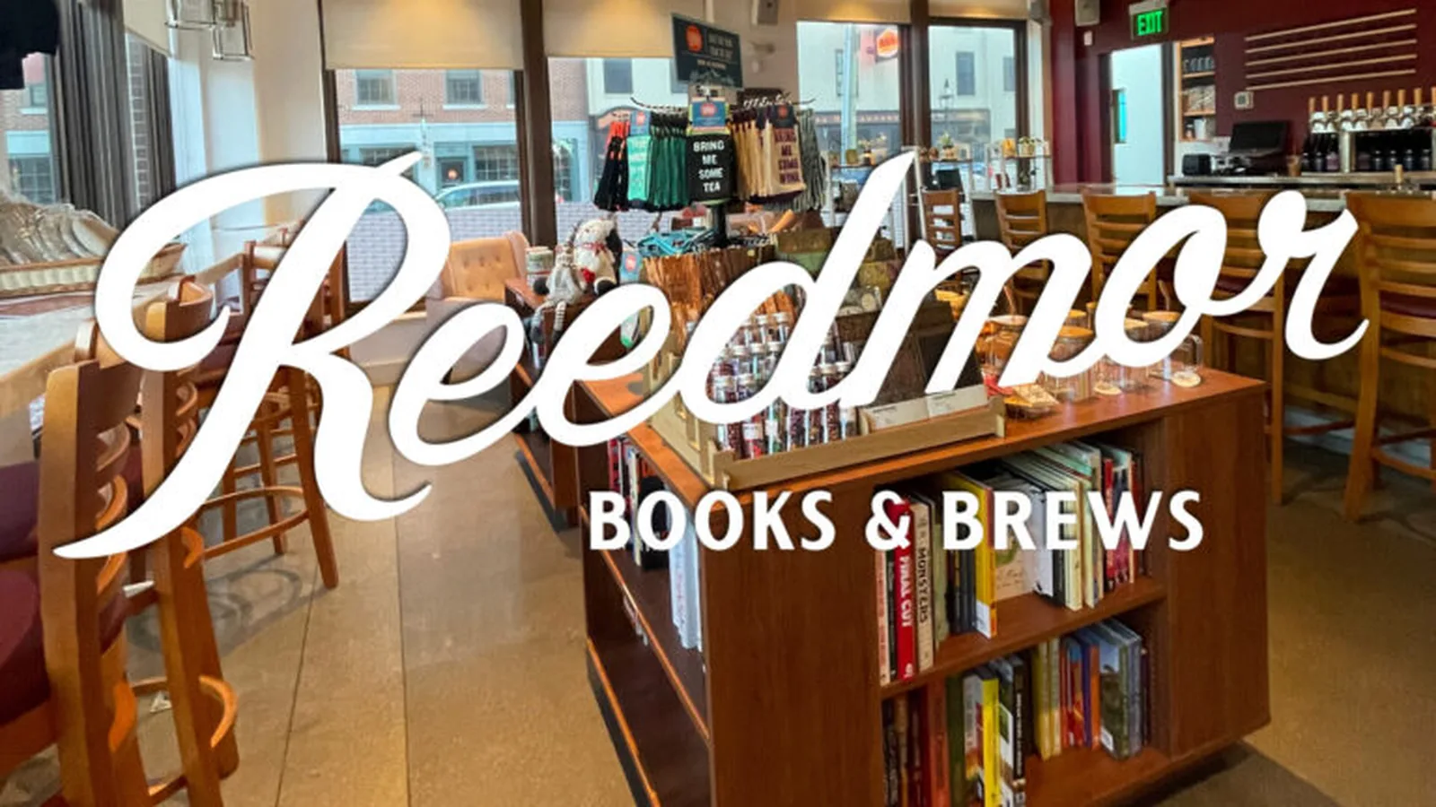 Interior of Reedmor Books and Brews in Portsmouth, New Hampshire with the store logo overlaid.