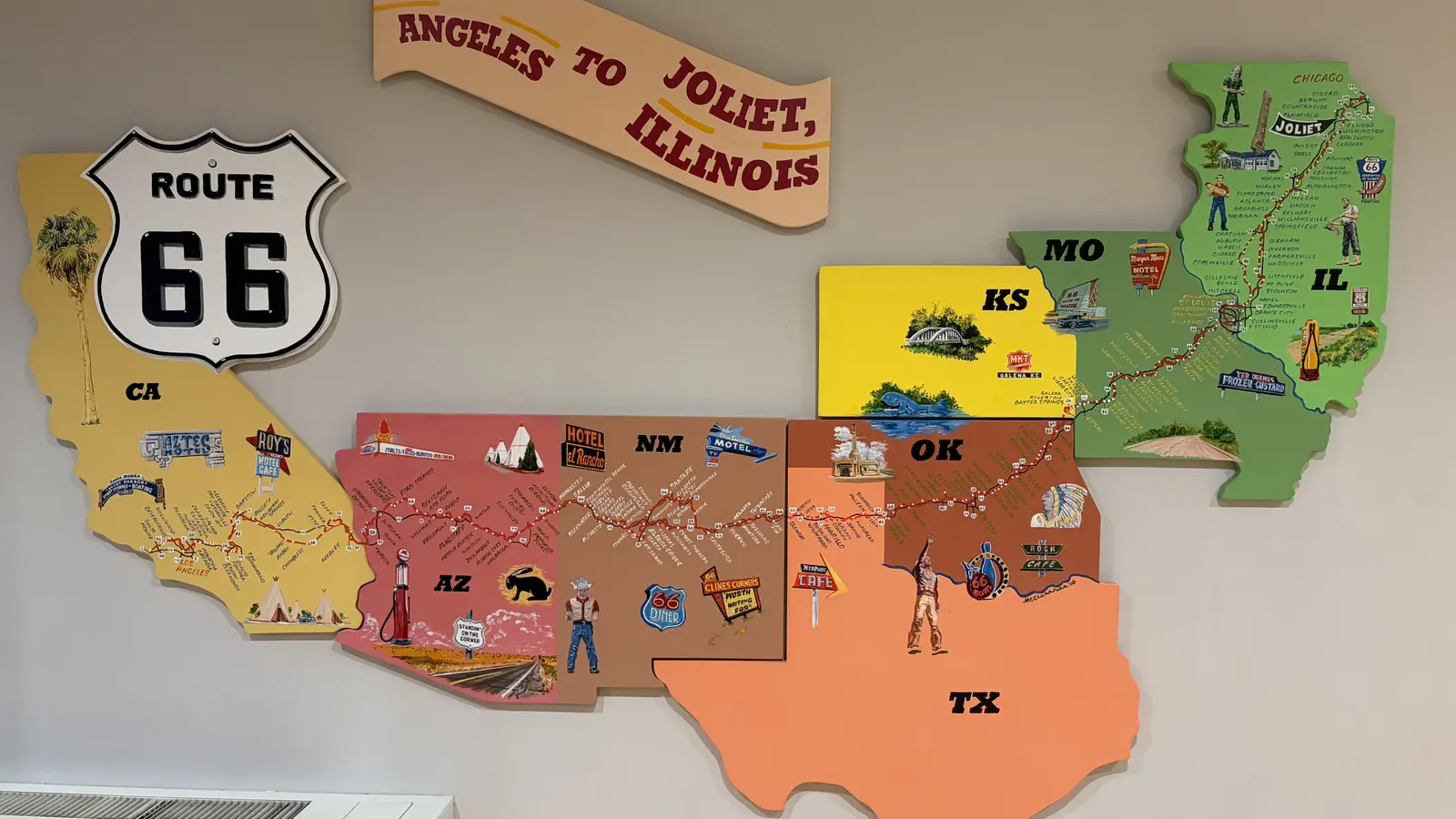 Painted wall map of Route 66 showing the eight states from Los Angeles, California to Joliet, Illinois with roadside landmarks